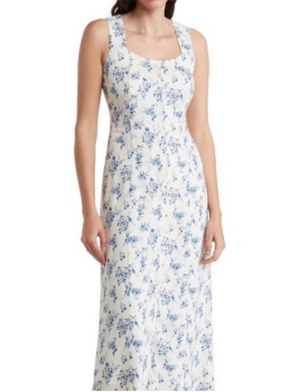 Sleeveless Blue Floral Maxi Dress - White/Blue with square neck
